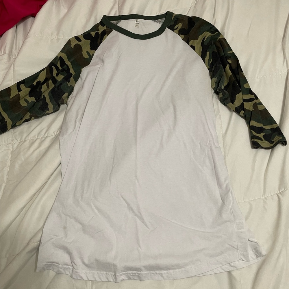 White Raglan Shirt with Camo Sleeves